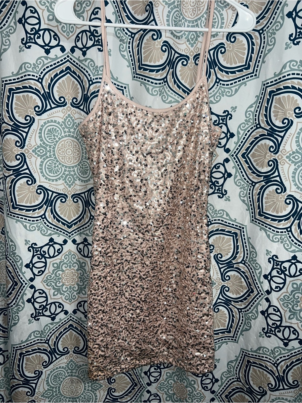 Sequin Spaghetti-Strap Mini Dress in Champagne